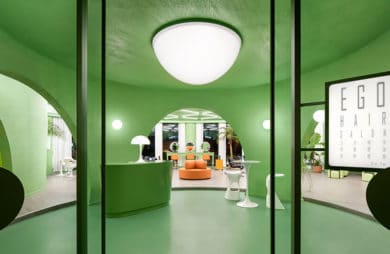 Barwa awokado z futurystycznym rysem: wnętrze salonu fryzjerskiego w Pekinie