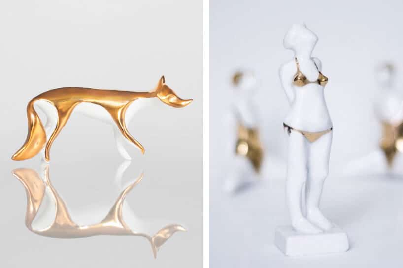 bibeloty z porcelany białe figurki ze złotymi akcentami
