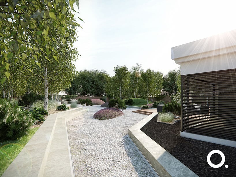 wizualizacja przestrzeni zgodnego z biophilic design od Studio.O. ogród z białą kamienną alejką na tle brzóz