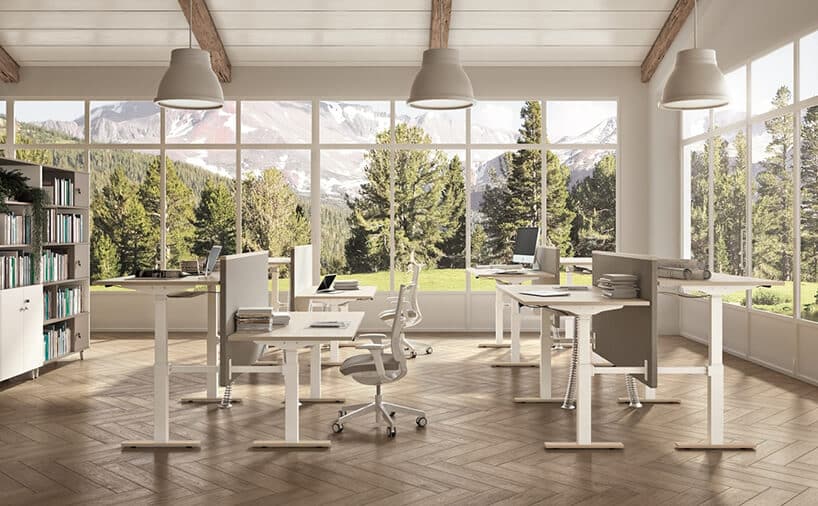białe regulowane birka w open space z drewnianą podłogą i okna od podłogi do sufitu