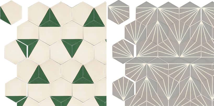dwa wzory sześciokątnych kafli cementowych geometryczne