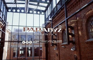 złoty napis Ceramika Paradyż na szybie