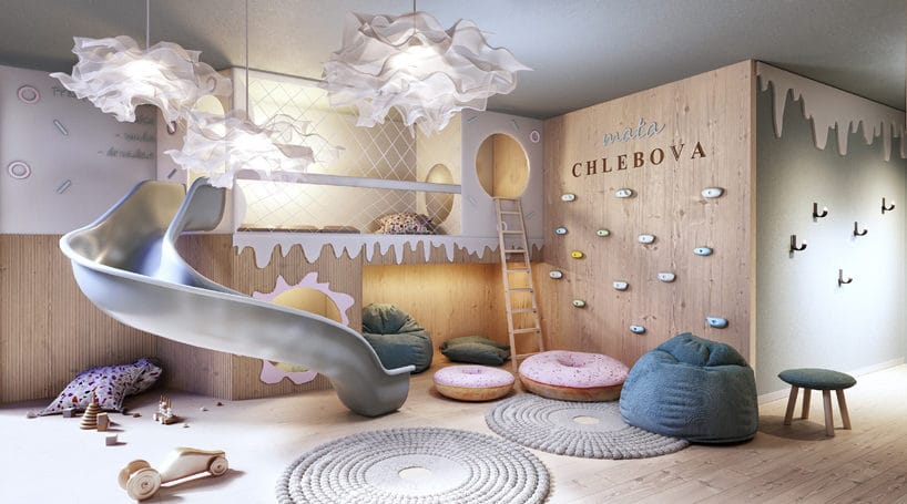 nowoczesny apartamentowiec Chlebova w Gdańsku kącik dla dzieci ze zjeżdżalnią i ścianką wspinaczkową