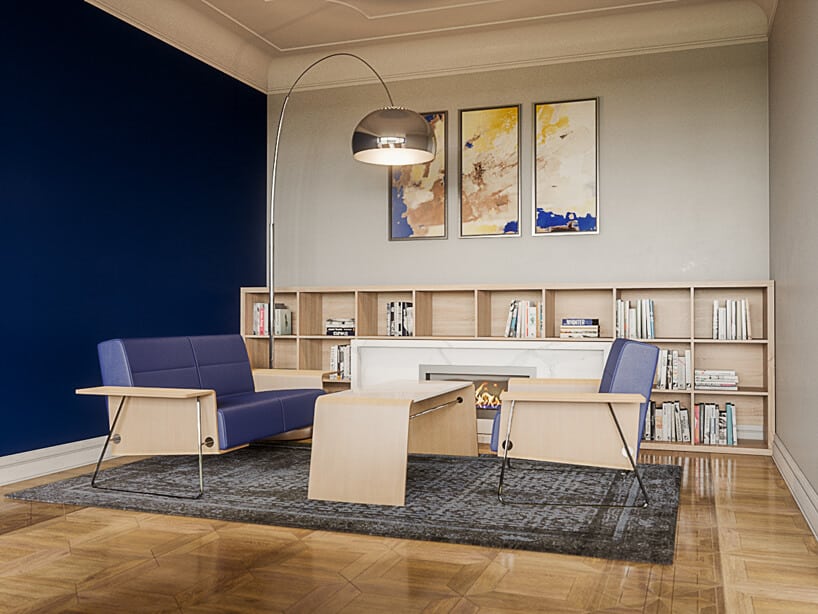 aranżacja biura od Consido w niebieskim i beżowym kolorze z drewnianą podłogą