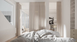 białe nowoczesne meble sypialni z małymi chromowanymi gałeczkami