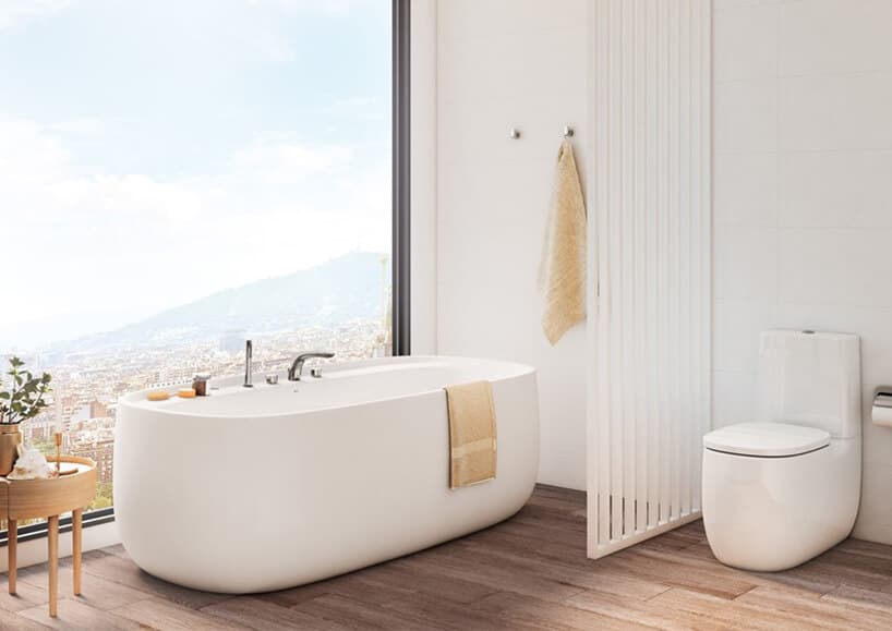 elegancka wolnostojąca wanna Beyond od Roca w łazience z panoramicznym oknem