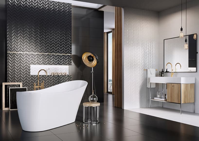 czarna i biała glazura Roteo od Ceramstic czarno białej łazience