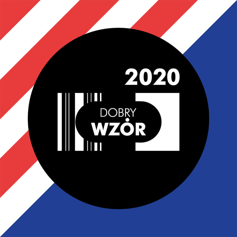 biały logotyp DOBRY WZÓR 2020 w czarnym kole na kolorowym tle