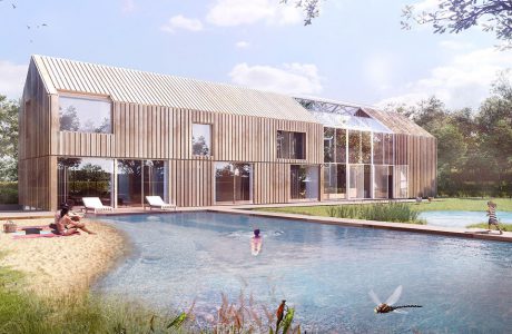 projekt domu symbiotycznego od bxbstudio w kształcie stodoły ze zbiornikiem