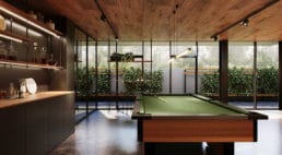 nowoczesne wnętrze domu do relaksu z ciepłymi brązami i zielonymi akcentami