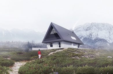 wizualizacja domu z szarym dachem na tle gór