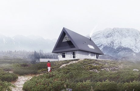 wizualizacja domu z szarym dachem na tle gór