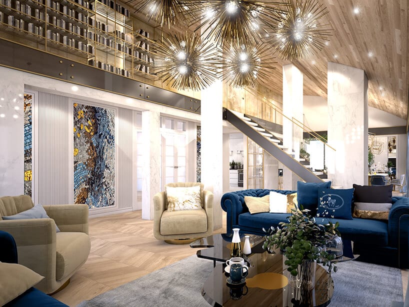 wizualizacja salonu w stylu glamour z domową biblioteką ze złotymi półkami