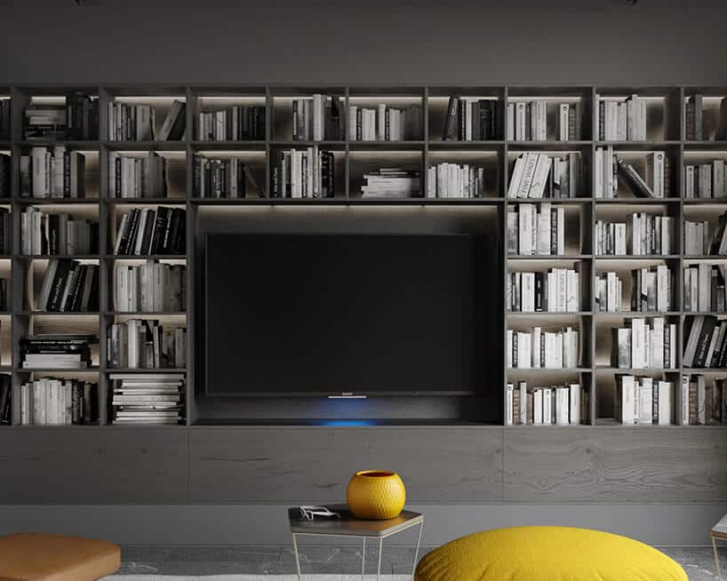 szary salon z domową biblioteczką wokół telewizora