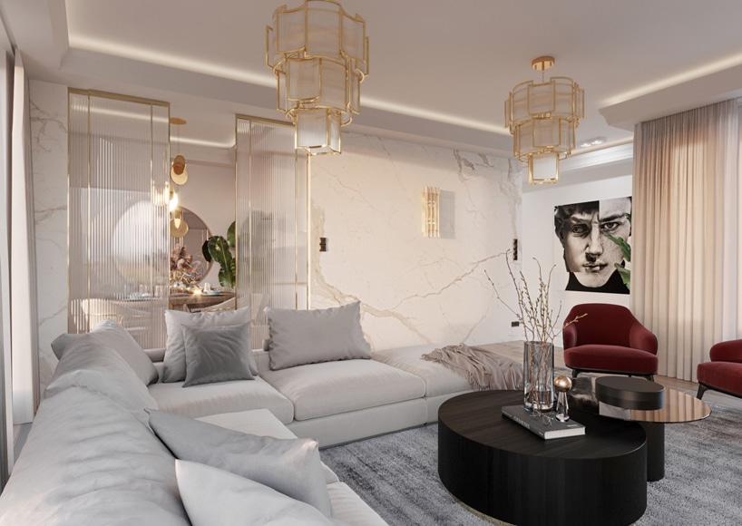 wnętrze eleganckiego apartamentu biały salon z kamieniem na ścianach