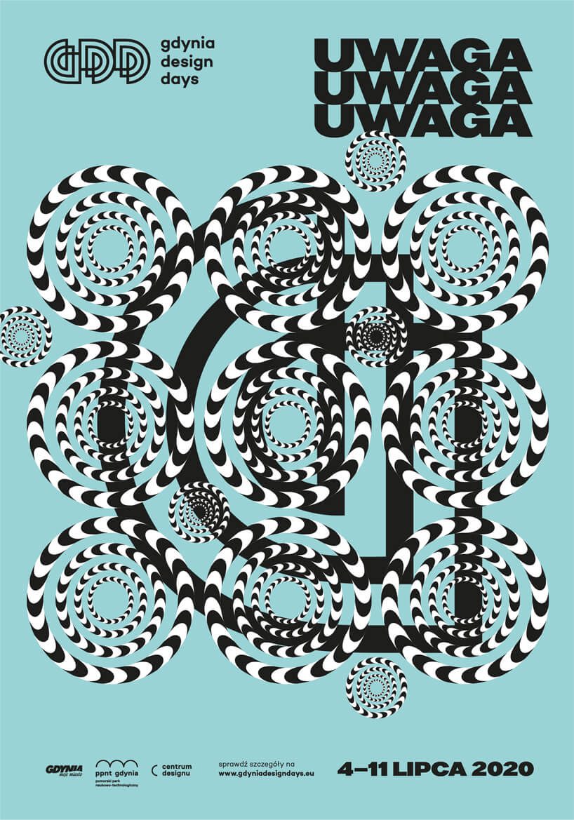 czarno biały plakat Gdynia Design Days 2020 online na niebieskim tle