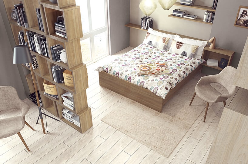 szara sypialnia z białą podłogą półkami za dużym łóżkiem i wysoką modułową szafką