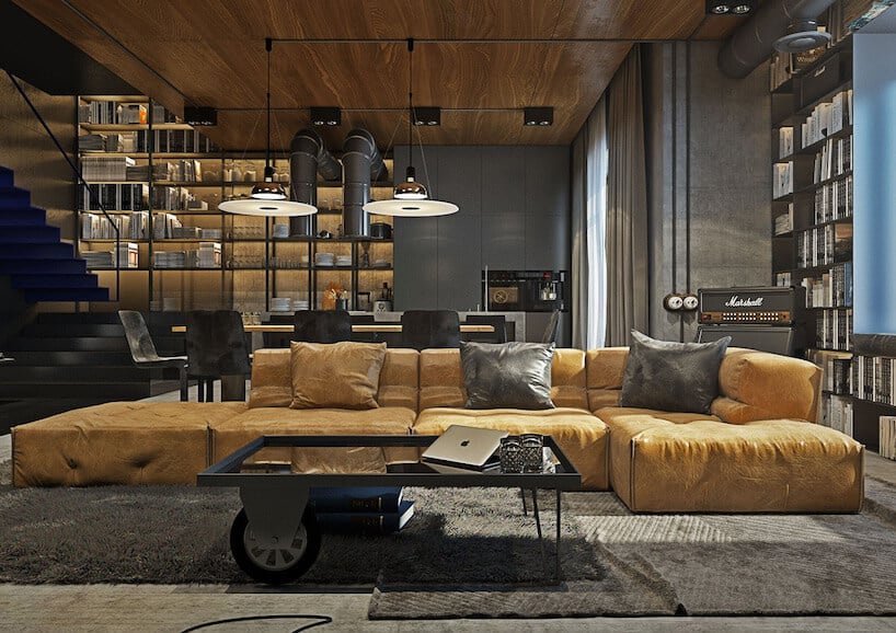 elegancki salon w stylu industrialnym z sufitem wykończonym drewnem z dużą żółtą sofą