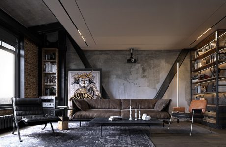 loft z białym podwieszanym sufitem z czarnymi filarami na tle betonowej ściany za długą brązową skórzaną sofą