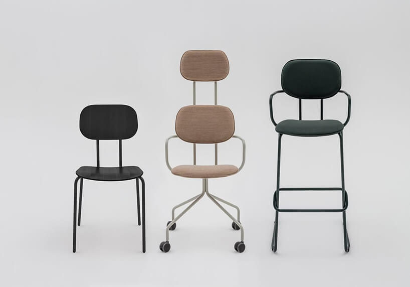 trzy krzesła z serii New School od MDD różnej konfiguracji