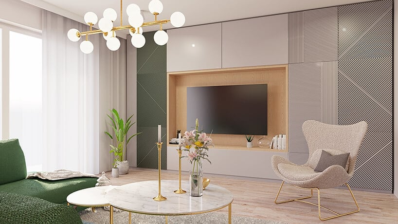 elegancki salon z zabudowaną ścianą wokół telewizora we wnęce