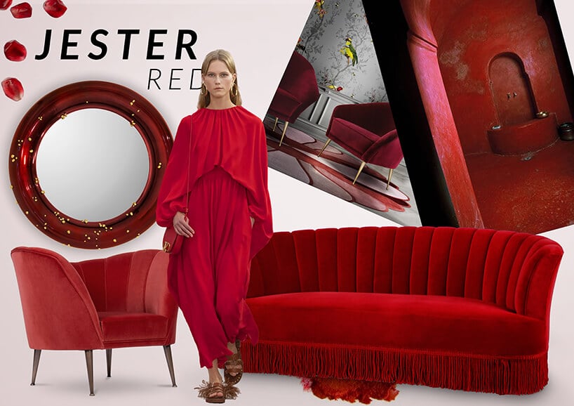 kobieta w czerwonym kostium pośród rożnych czerwonych mebli z napisem Jester Red