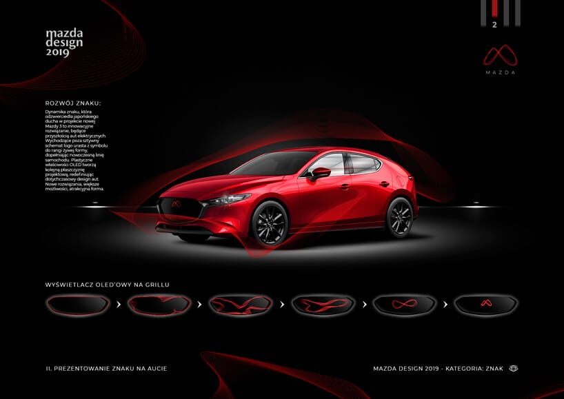 grafika Mazdy 3 2019 z wyświetlaczem zamiast znaczka marki Mazda