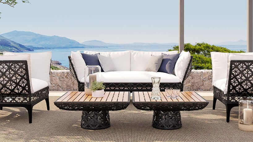 zestaw eleganckich mebli Riviere projektu Marcel Wanders dla Walters duża sofa z dwoma krzesłami i niskim stolikami