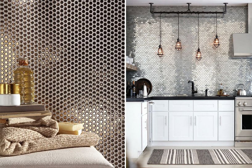 metaliczne płytki ceramiczne w dwóch aranżacjach