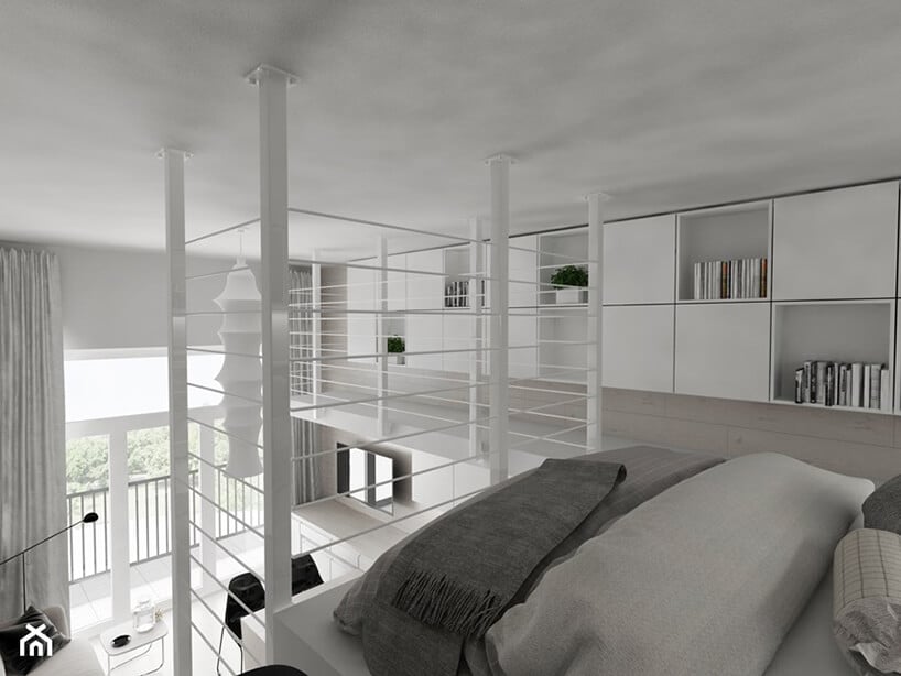 projekt minimalistycznego loftu Piotra Skorupskiego ze Studia Architektury biała przestrzeń na antresoli