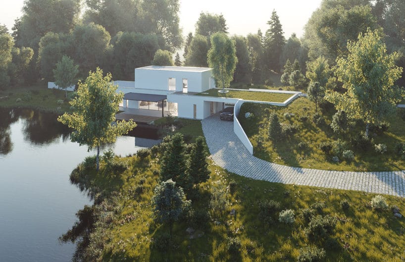 elegancki biały domek nad jeziorem z dwoma kondygnacjami