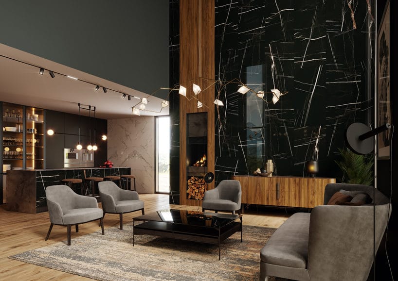 elegancki salon z gresem Desert Wind od Opoczno czarna wysoka kamienna ściana
