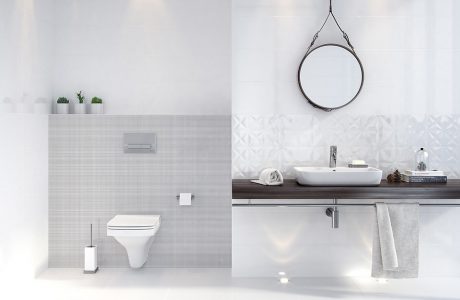 biała łazienka White Magic od Opoczno z ciemnym blatem pod umywalką pod okrągłym lustrem zawieszonym na drucie