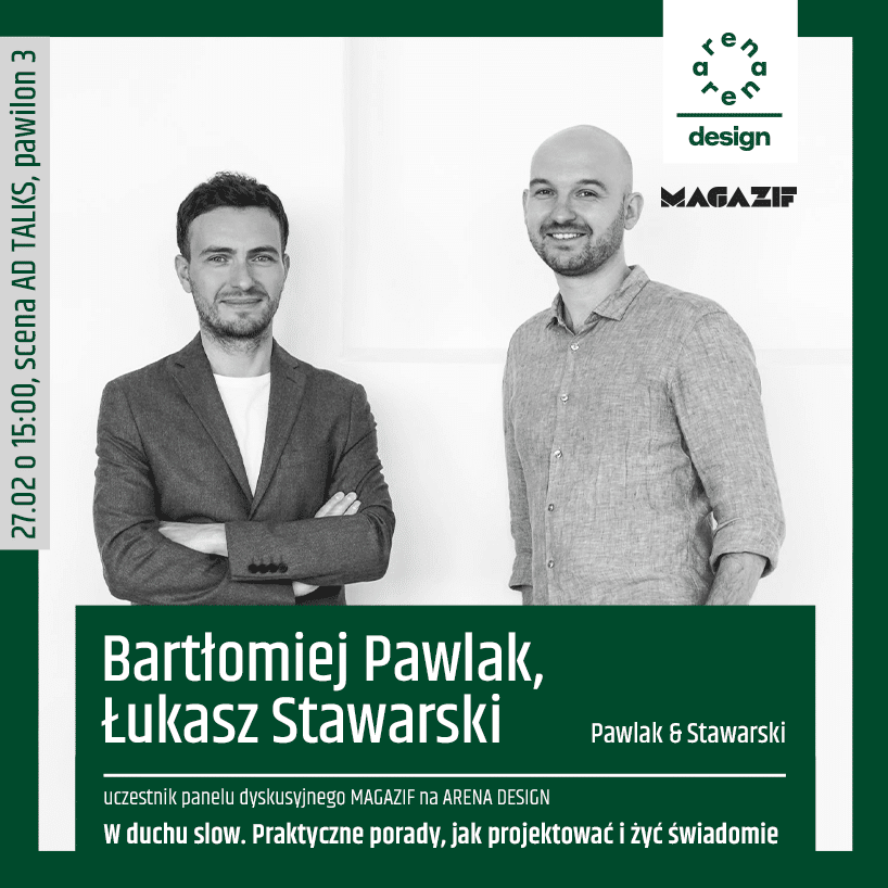 czarno białe zdjęcie Bartłomieja Pawlaka i Łukasza Stawarskiego uczestników panelu MAGAZIF na arena design 2020