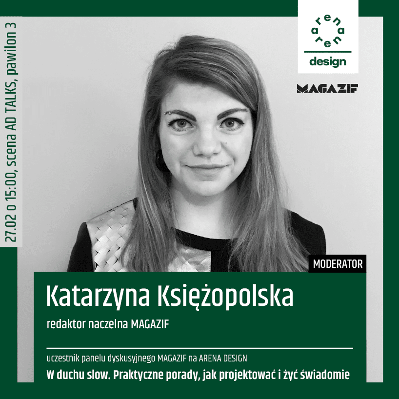 czarno białe zdjęcie Katarzyny Księżopolskiej prowadzącej panel MAGAZIF na arena design 2020