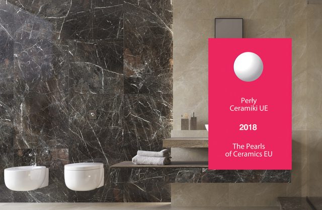 aranżacja dużej łazienki z brązowymi i beżowymi płytkami nagrodzona Perłą Ceramiki UE 2018