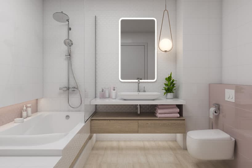 podświetlane lustro w łazience z drewnianymi elementami