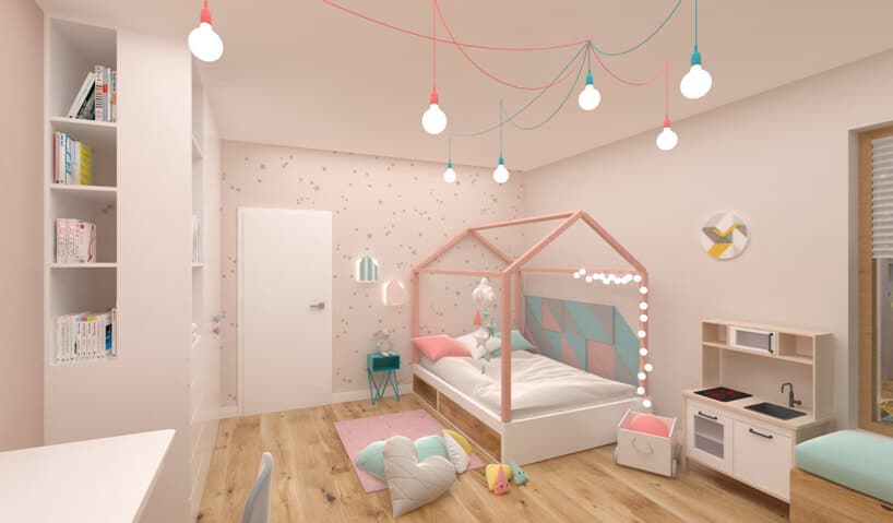 projekt różowego pokoju dla dziewczynki z łóżkiem domkiem od Hamak.pro