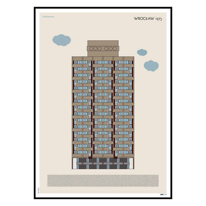 rysunkowy plakat wieżowca Wrocław 1973