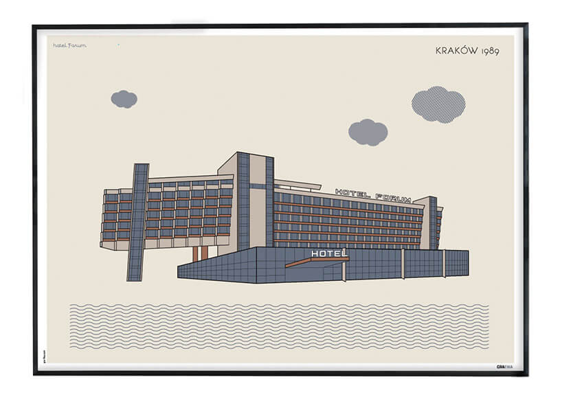 rysunkowy plakat Hotelu Forum Kraków 1989