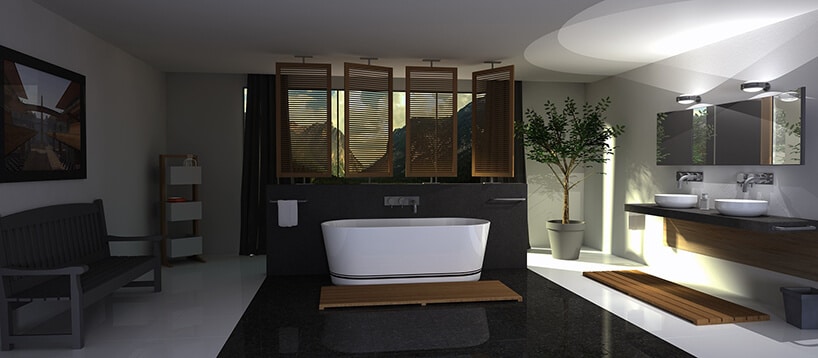 elegancka biała łazienka z drewnianymi akcentami z czarnymi płytkami pośrodku z i białą wolnostojącą wanną