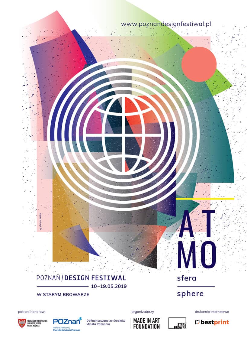 plakat z figurami w różnych kolorach i granatowymi literami na białym tle