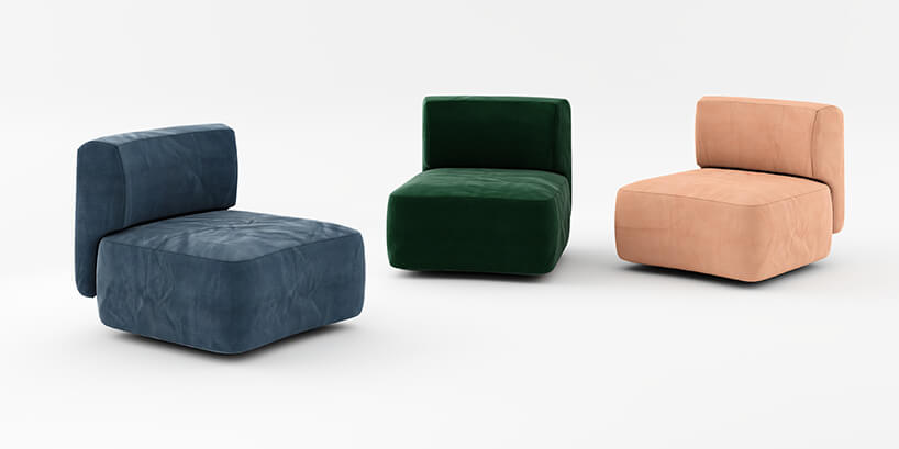 trzy małe kanapy do siedzenia w kolorach beżu, zieleni oraz jasnoniebieskiej szarości