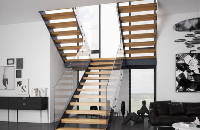 nowoczesne schody wewnętrzne ze szklanymi balustradami