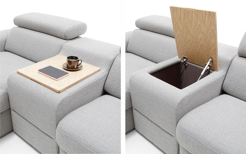 jasno szara materiałowa sofa modułowa od Gala Collezione z barkiem przykrytym jasną deską