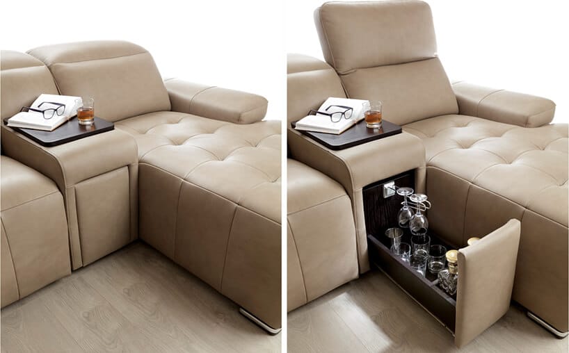 jasno brązowa skórzana sofa modułowa Gala Collezione z barkiem w wysuwanej szufladzie