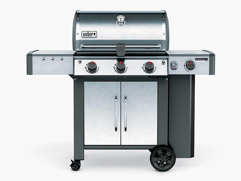 stylowy grill z linii Genesis II od Weber srebrno szary z szafką na dwóch kółkach