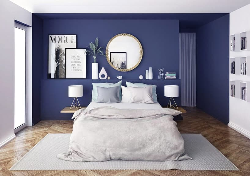 fioletowa sypialnia z białym łóżkiem