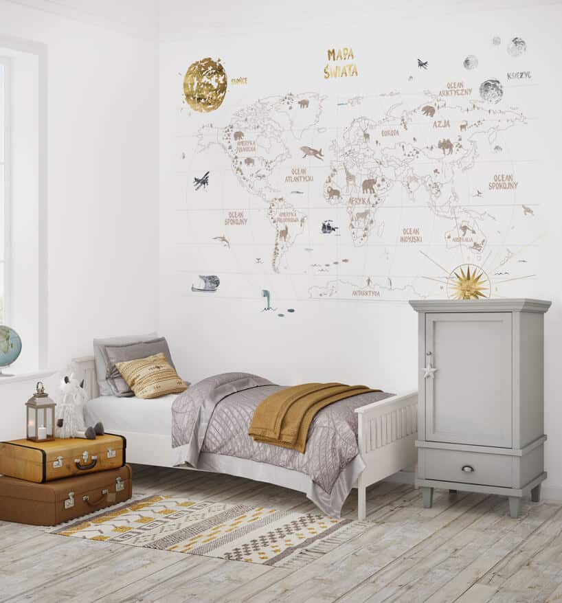 wizualizacja jasnego pokoju dziecięcego z tapetą World Map 3 od Humpty Dumpty Room Decoration