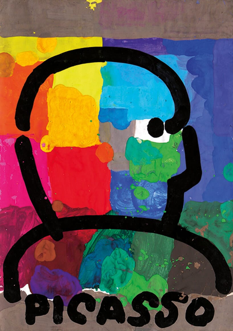 kolorowa grafika z zarysem postaci z podpisem PICASSO